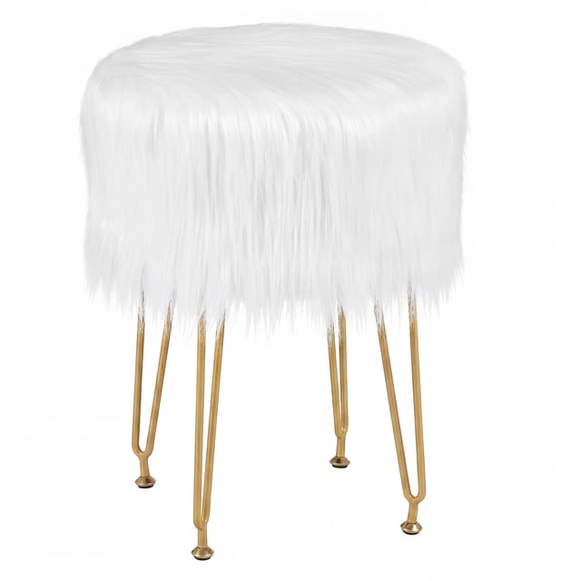 Gymax Chaise Coiffeuse en Fausse Fourrure Tabouret de Maquillage Siège Rembourré Duveteux Pouf Rond Blanc