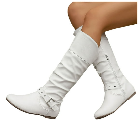 Women's Flat Mid Calf Boots Fashion Pointed Toe Leather Fold Over Booties Casual Knee High Riding Boots with Buckle Strap White Size 9.5