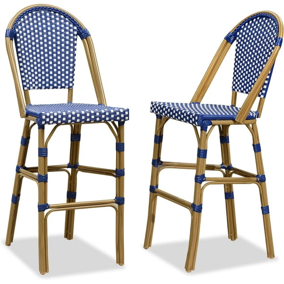 PURPLE LEAF Set of 2 French Outdoor Bar Height Bar Stool Bamboo Print Finish Back Rattan Wicker Patio Outdoor Bar Height Bar Stools with Footrest, Royal Blue