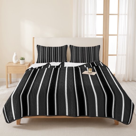 3 Pieces Queen Quilt Set,Minimalist Black Gradient Stripe Soft Bedding Sets with 1 Quilt & 2 Pillow Shams,Modern Geometric Line Summer Bedspread Lightweight Coverlet Comforter for All Season