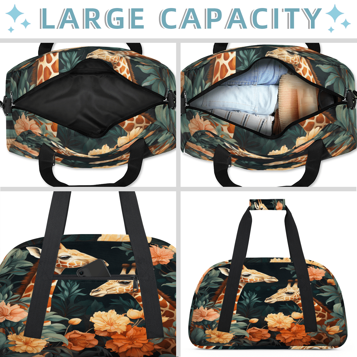 Herdesigns Giraffe Sports Duffle Bag for Women & Men, Animal Theme Gym Bag Dance Bag Overnight Bag Carry On Weekender Travel Bag