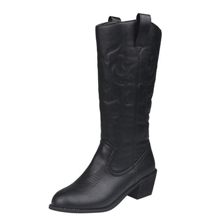 

autumn winter shoes Women s Square Heel Shoes Middle Tube Leather Slip-On Boots Round Toe Boots