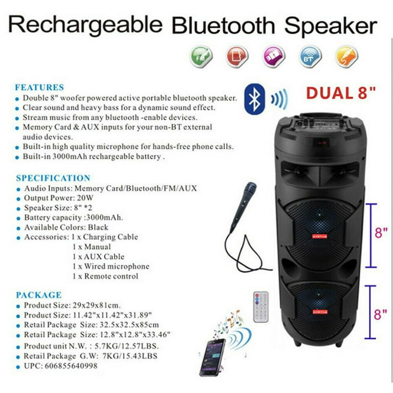 Double 8 Portable Wireless Bluetooth Speaker Outdoor Subwoofer Sound Box,  With Microphone,Dual 8 inches Woofer, Heavy Bass