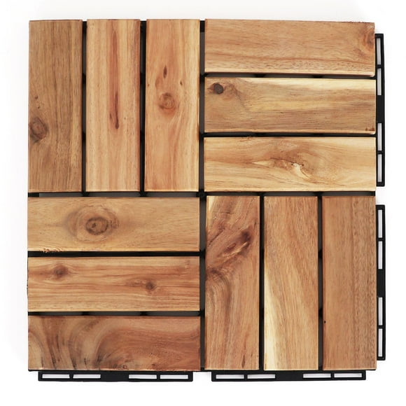 Deck Tiles - Patio Pavers - Acacia Wood Outdoor Flooring - Interlocking Patio Tiles - 12"x12" (10 Pack) - Natural Acacia Finish - Checker Pattern Decking