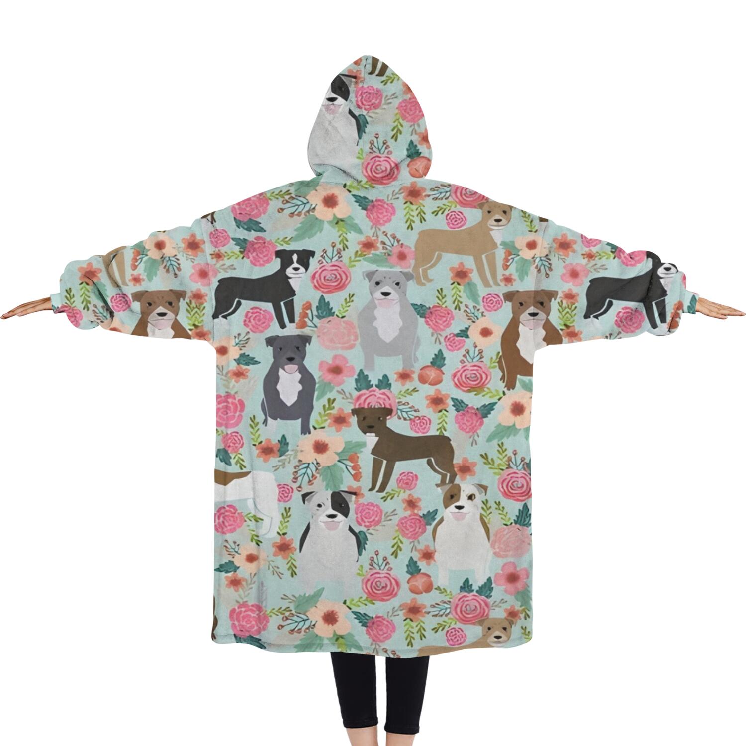 Oversized Wearable Blanket Hoodie,Cute Pitbull Terriers Dog and Flower Sherpa Blanket Hoodie with Super Pockets,Super Warm Fuzzy Pullover for Women & Men