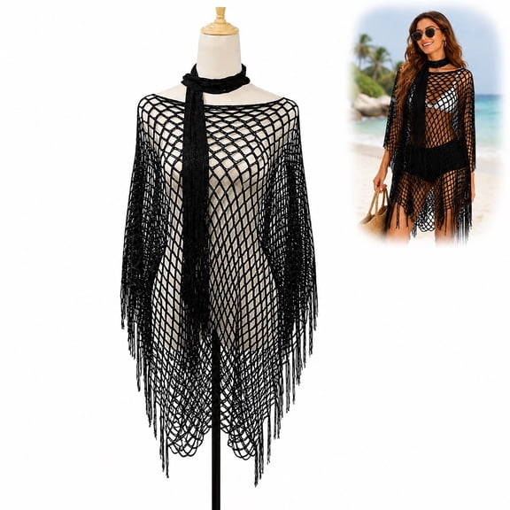 Fringe Mesh Hollow Out Pullover, Women's Crochet Beach Cover Up with Tassel Hem, Hollow Knit Bikini Coverup Poncho Top for Swimwear, Pool & Vacation