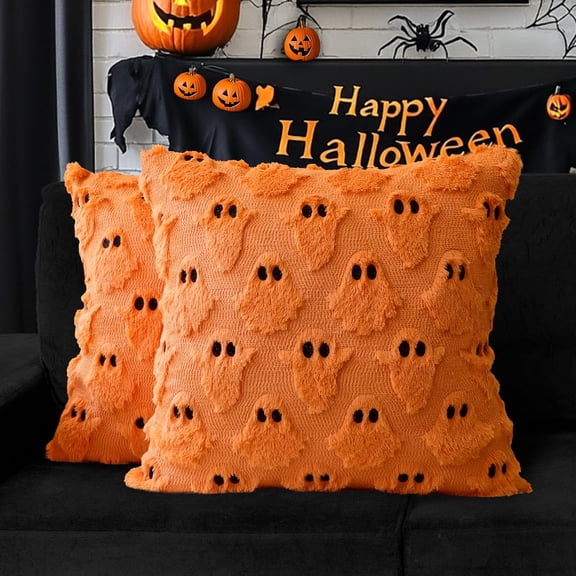 Halloween Pillow Covers 18x18 inch Set of 2 Ghost Throw Pillow Cases Autumn Rust Pumpkin Throw Pillow Cases Soft Plush Faux Fur Wool Couch Cushion Case for Chair Sofa Bedroom Living Room Home Decor