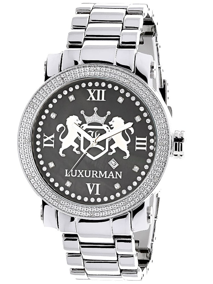 Luxurman Designer Large Watches Phantom Real Diamond Watch For Men 0 12ct Black Mop Metal Band Leather Straps Walmart Com Walmart Com
