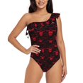 thumbnail image 4 of Daiia Red Skulls 2 Women's One Piece Swimsuits Personalized One Shoulder Swimwear Asymmetric Ruffle Bathing Suits-Small, 4 of 8
