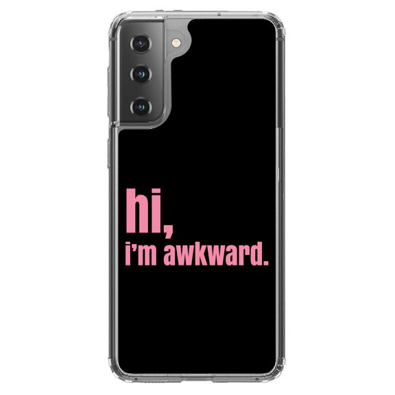 DistinctInk Clear Shockproof Hybrid Case for Galaxy S21  PLUS 5G (6.7" Screen) - TPU Bumper, Acrylic Back, Tempered Glass Screen Protector - Black Pink "hi, I'm awkward."