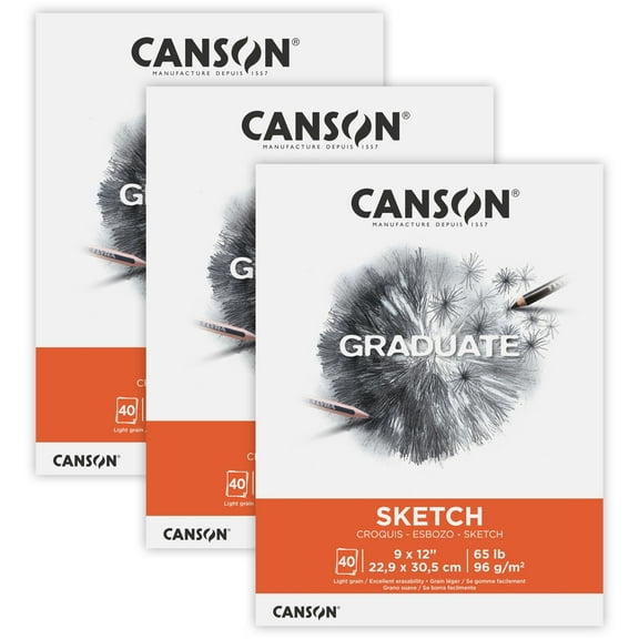 Canson Graduate Sketch Pad, Foldover Binding, 40 Sheet, 9x12 inch, Pack of 3