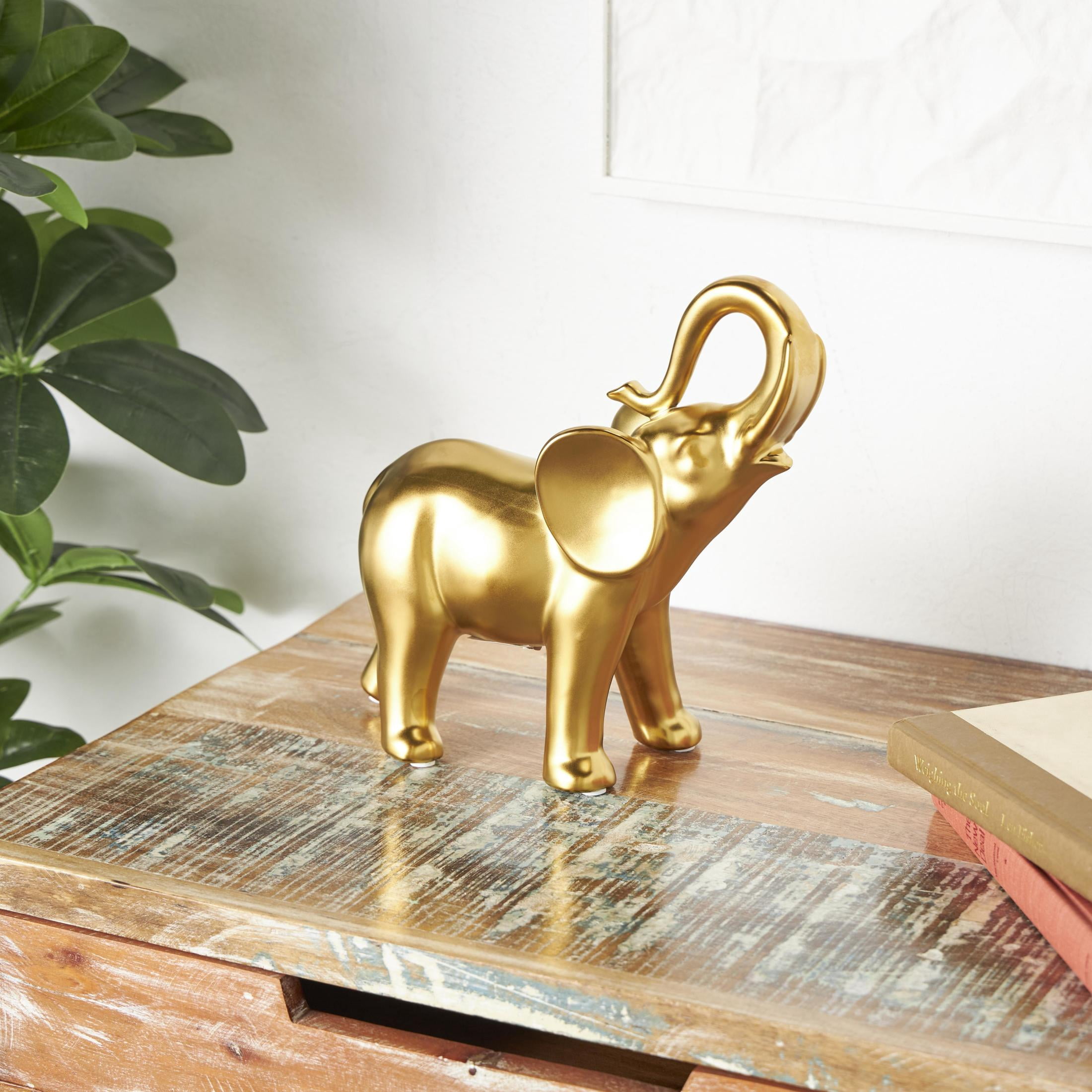 10" x 11" Gold Ceramic Standing Elephant Sculpture, by DecMode