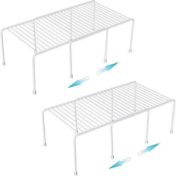 Expandable Cabinet Shelf Organizer, Rustproof Metal Shelf Riser Kitchen Counter Storage Organizer Rack for Fridge, Cabinet, Pantry and Bathroom with Scratch Resistant Feet, 2 Sets