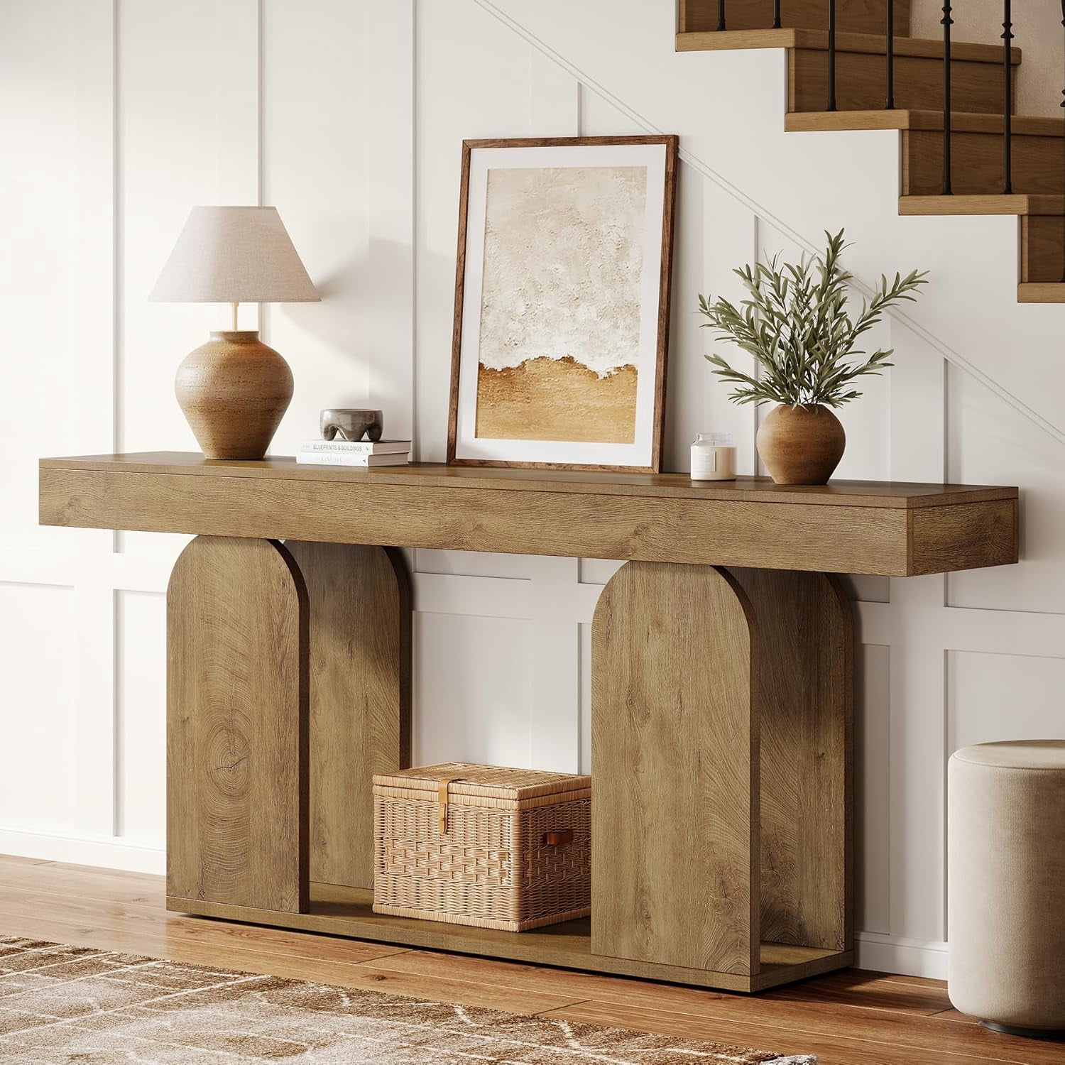 Finmind Farmhouse Wood Console Table, 70.9-Inch Entryway Accent Table with U-Shaped Base