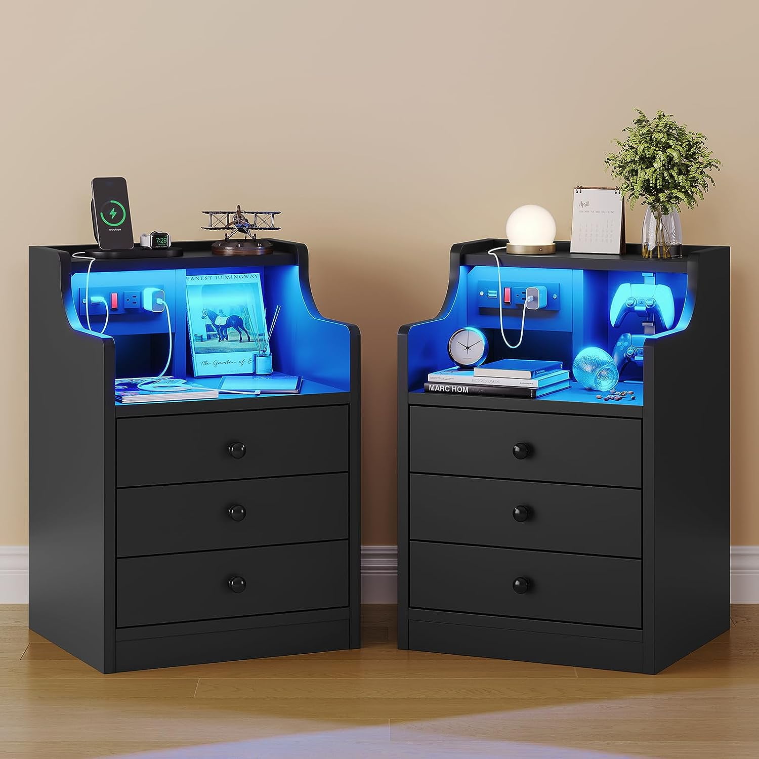 Nightstand with 3 Drawers and Hutch,Night Stand with LED Lights and USB Port Charging Station,LED Bedside Table with Shelves,Black