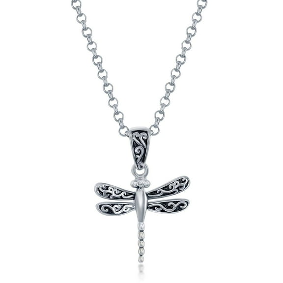 Dragonfly 16 2” Oxidized Filigree Design Small Pendant Necklace | Sterling Silver Jewelry for Women or Teens