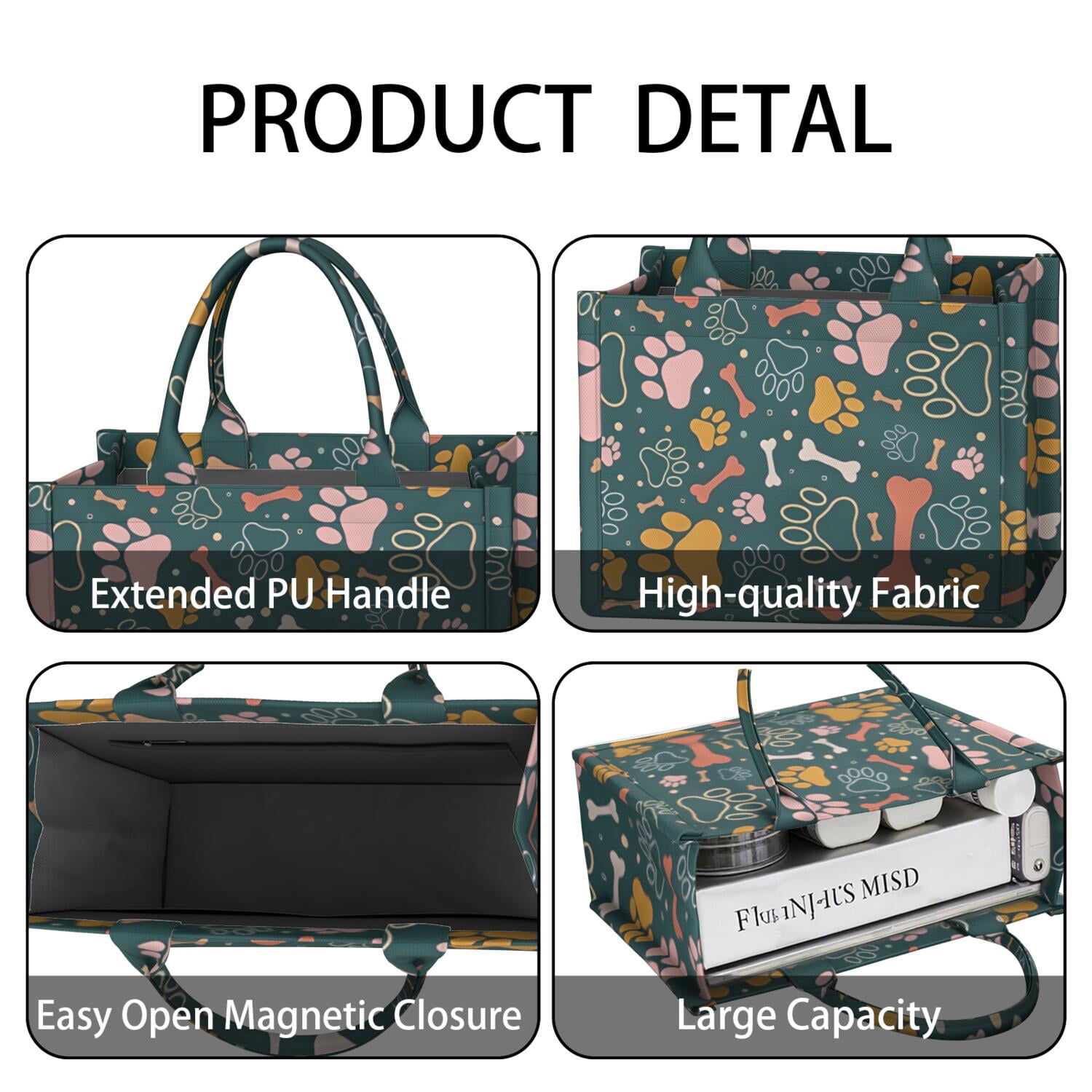 Large Capacity Tote Bag,Paw Prints and Bones Handbag Fashion Luxury Tote Bag,15.7"x13"x 5.1" Inches,Laptop Compatible