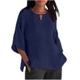 thumbnail image 2 of Fanxing Women Linen Shirts with Keyhole Loose Fitting Work TopsTrendy Crewneck Going Out Tops S-2XL, 2 of 5