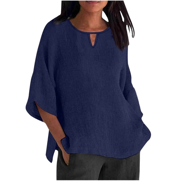 Vestidos Casuales Para Mujer, Blusas De Mujer De Moda Blusa de lino y imitación de cuello redondo con mangas 3/4 para mujer