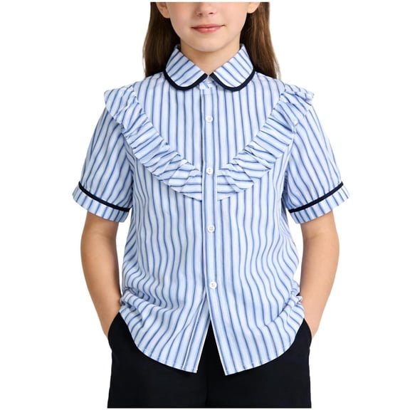 Girls Ruffle Shirt Striped Short Sleeve Light Blue Peter Pan Collar Button Down Blouse for Kids to Big Kid School Uniform Preppy Top,Size 5-6 T