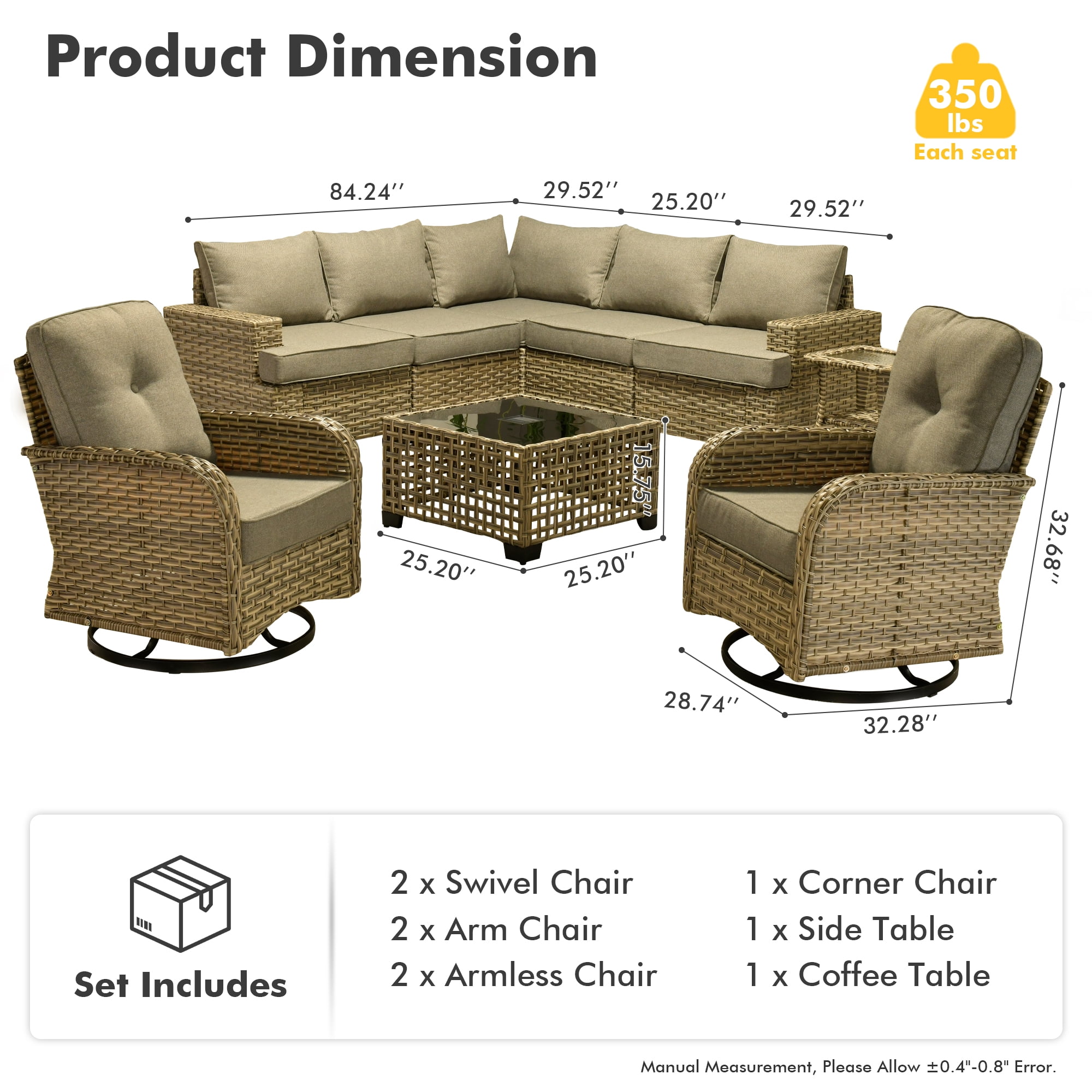 XIZZI 9-Piece Outdoor Sectional Patio Furniture Sets, Wicker Patio furniture with Swivel Chairs and Coffee Table, Rattan Outdoor Conversation Set for Balcony, Porch, Backyard, Dark Gray