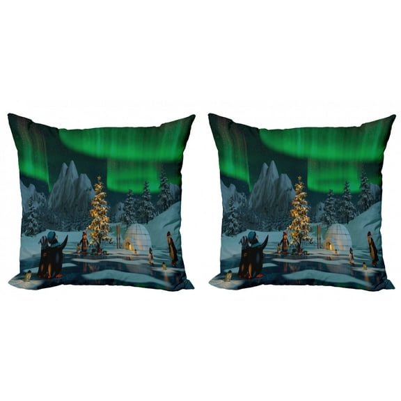 Ambesonne Nature Throw Pillow Cover 2 Pack, Penguins on Lake, 24", Lime Green Grey