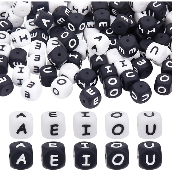 100Pcs 10 Styles Cube Vowel Letter Beads 12mm Silicone Letter Beads Square Black White Alphebet Bead Cube Loose Spacer Bead