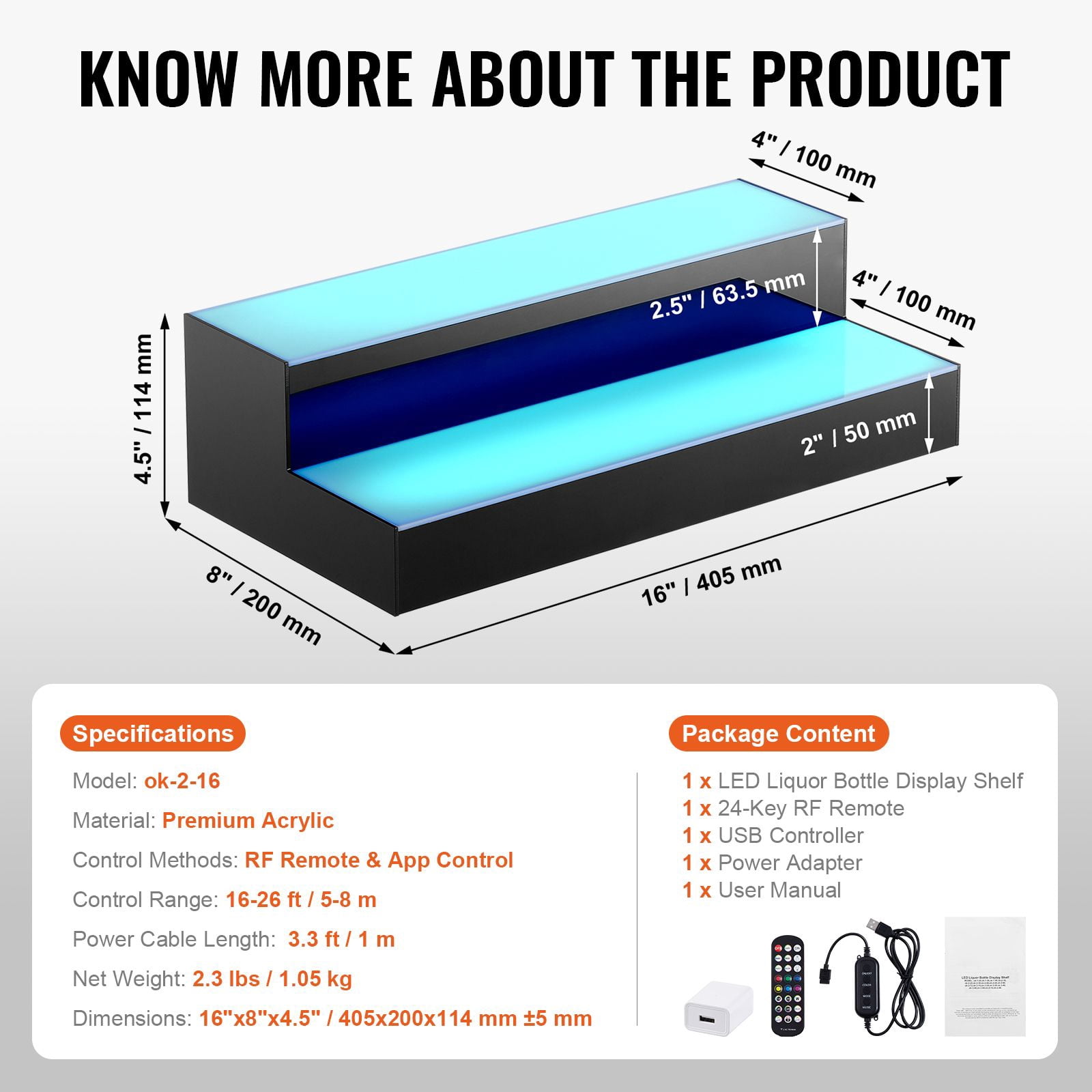 LED Lighted Bar Shelf 26ft Remote Control 7 Static Colors 22 Dynamic Colors Music Mode Acrylic for Home Bar Club KTV