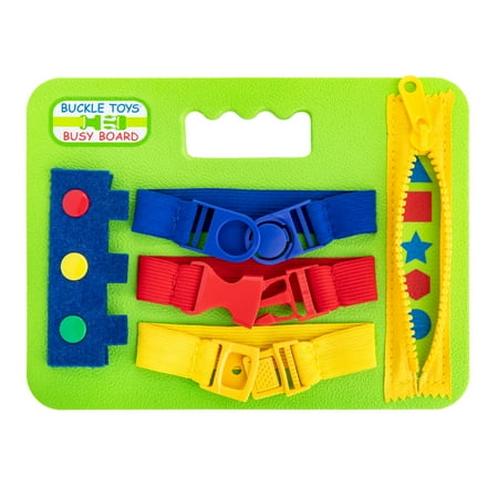 Buckle Toys Mini Busy Board – Montessori Learning Toy for Toddlers Great Kids Airplane Activities – Foam Sensory Board – Develop Fine Motor Skills – Green