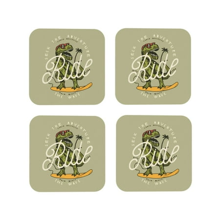 

Leather Coasters with Heat-resistant for Drinks Ride The Wave Dinosaur Surfer Cup Coasters Cup Pad Mat for Tabletop Protection Coffee Table Office Desk and Housewarming Gift
