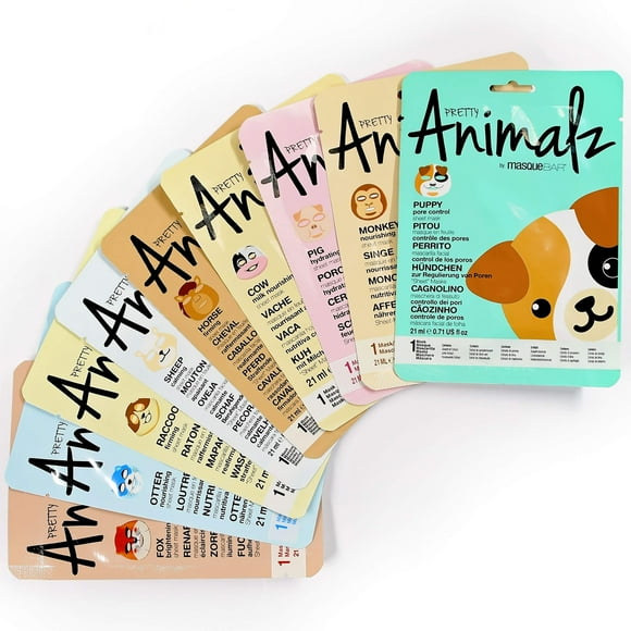 Masque Bar – 9 Pcs Jolis Masques en Feuilles Imprimés Animalz Lot de 9 Variété A