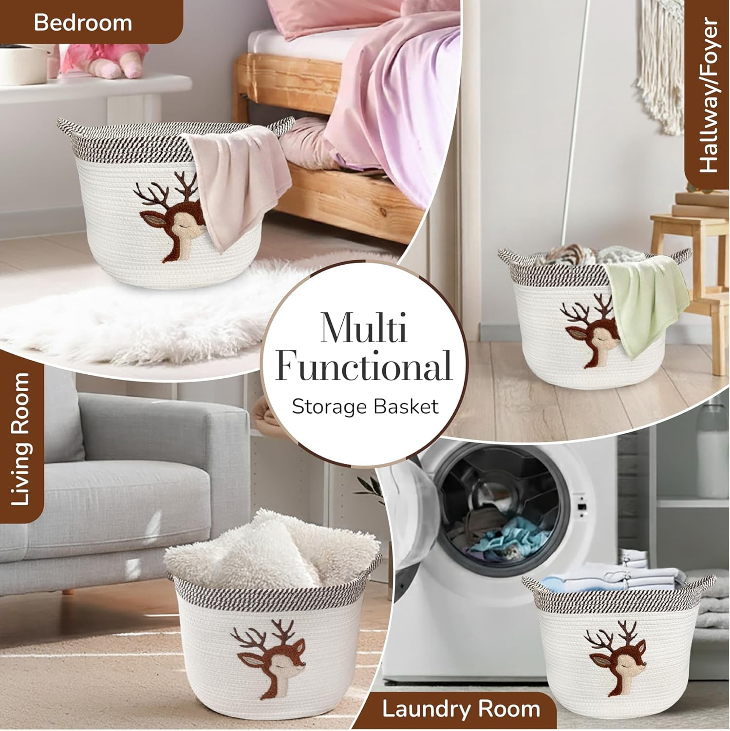 Deer Nursery Storage Basket – Large 15”x11” Cotton Rope Bin with Felt Animal Patch – Baby-Safe Toy Organizer, Laundry Hamper, Diaper & Towel Holder, Foldable & Washable