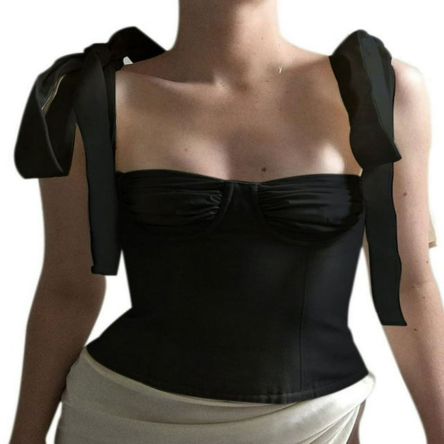 Womens Vintage Tie Shoulder Ruched Bust Crop Tank Top Strap Bodycon Tube
