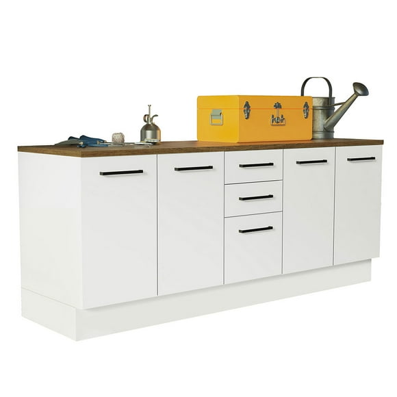 Madesa Compact Garage and Utility Room Storage Set 78 Inch Base Cabinet with 3 Drawers and 4 Doors Utility Bench Wooden Organization Unit - White