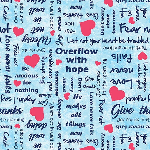 Cotton Scripts Sky Hearts Love Never Fails Inspirational Quotes Words Writings Blue Cotton Fabric Print by the Yard (17046-05) Benartex