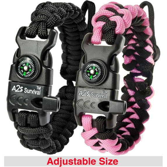 A2S Protection Paracord Bracelet K2-Peak - Survival Gear Kit with Embedded Compass, Fire Starter, Emergency Knife & Whistle Black / Pink Adjustable size