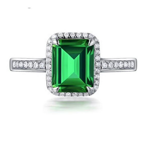 1.75 Carat Green Emerald 7x5mm Emerald Cut And Moissanite Diamond Halo Engagement Ring in 10k White Gold