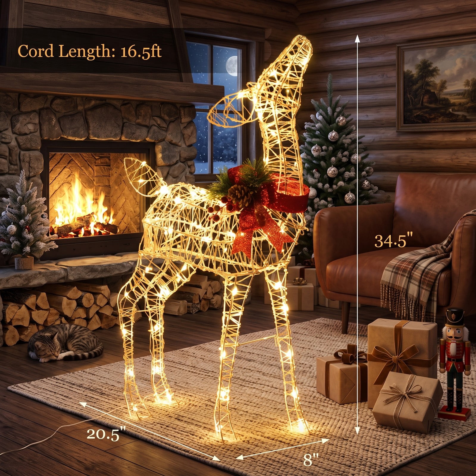 RUIE 34.5-inch Lighted Christmas Reindeer Decoration with 50 Warm White LED Lights, Pre-Lit Outdoor Yard Decor, White