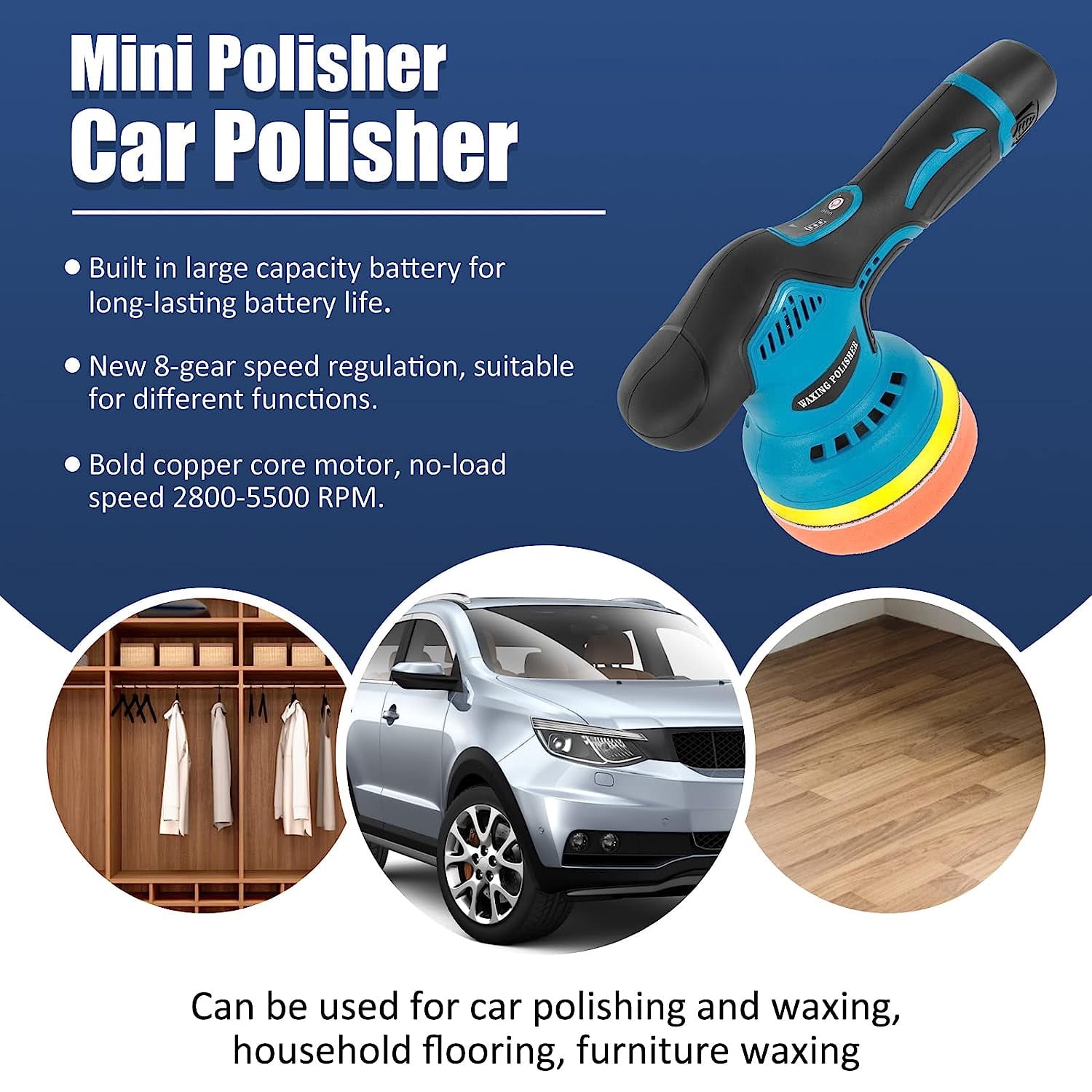 Prociv Cordless Buffer Polisher, 5 Inch Orbital Polisher for Cars, 8 Variable Speed 5500RPM, 2 PC 12V Rechargeable Battery, Wireless Car Waxing Tool for Car Detailing