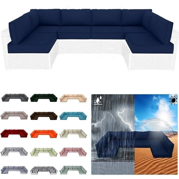 Outdoor Sectional Replacement Cushion Set, 14 Pcs Waterproof Patio Sofa Cushions 4" Foam High-Density Couch Cushion for 10-Seat Sectional Rattan Conversation Sets(Liner&Cover) (Navy Blue)