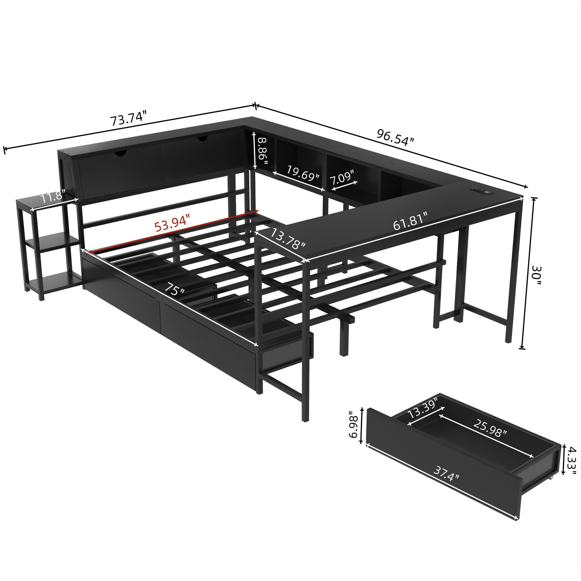AENKYO Full Size Corner Daybed with Desk & Storage Headboard, LED Lights, Power Outlets & Drawers, Black