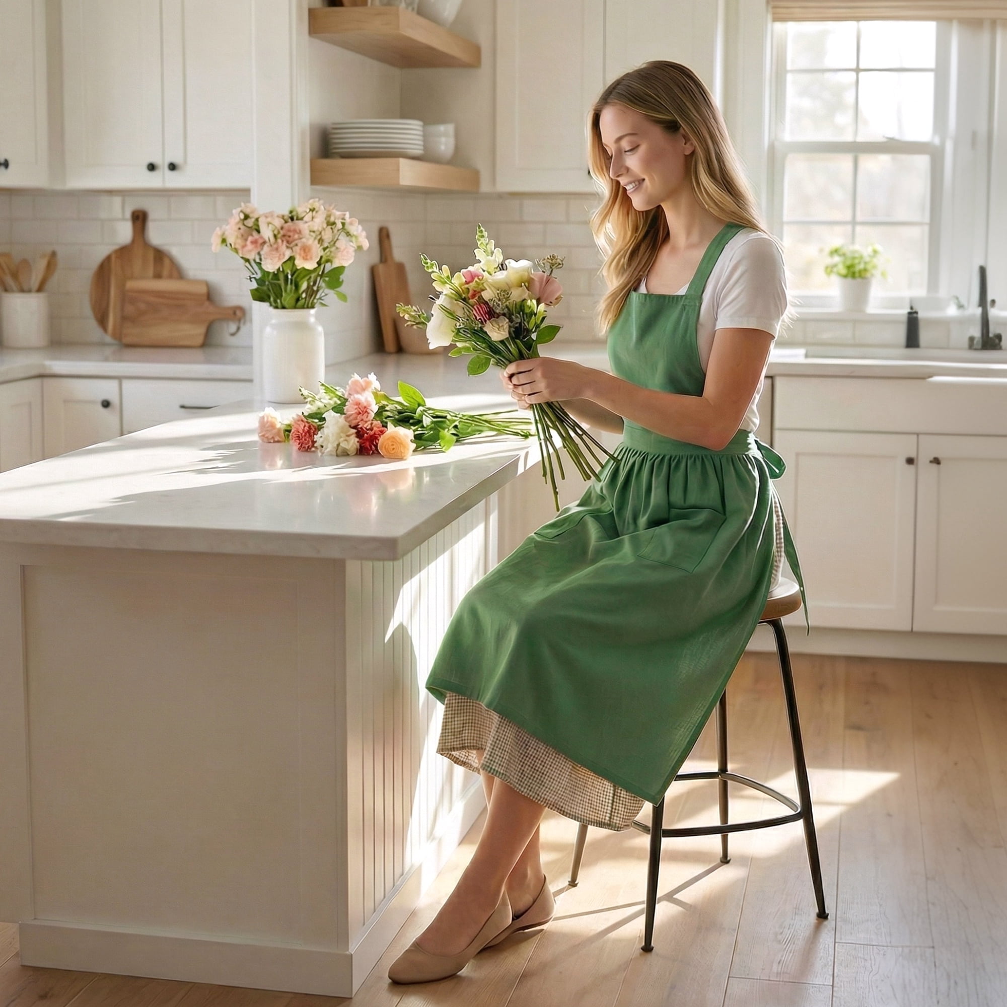 Unique Bargains Women's Kitchen Apron Long Waist Cooking Apron 37.4x50.4in Dark Green