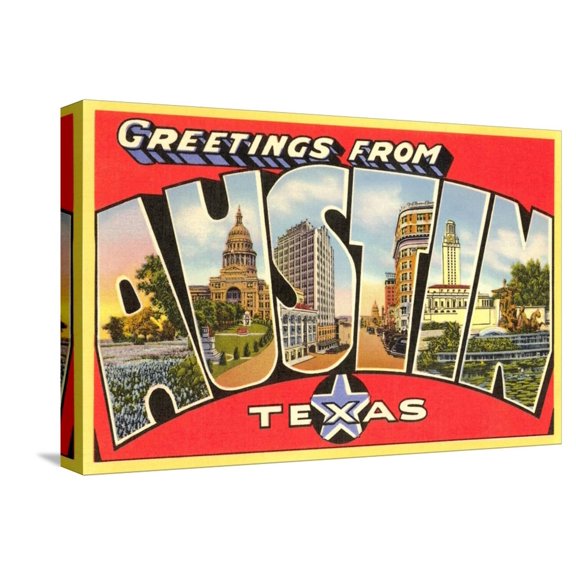 Art.com Greetings from Austin, Texas Stretched Canvas Print Wall Art, 18" x 12"