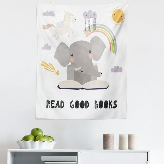 Reading Saying Tapestry, Book Themed Colorful Pastel Design Cartoon Illustration Animals, Fabric Wall Hanging Decor for Bedroom Living Room Dorm, 5 Sizes, White and Multicolor, by Ambesonne