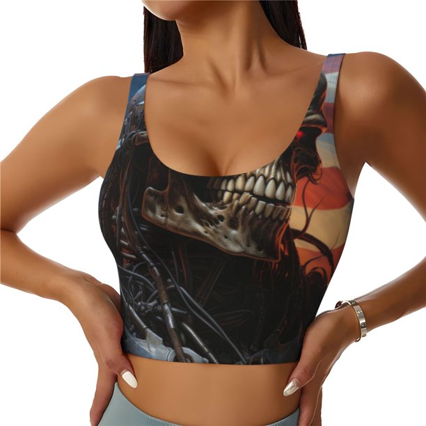 Balery Cyberpunk Skull American Flag Sujetadores deportivos con espalda cruzada para mujer, acolchados, sin costuras, de alto impacto, ideales para yoga, gimnasio, entrenamiento y fitness.-XX-Large