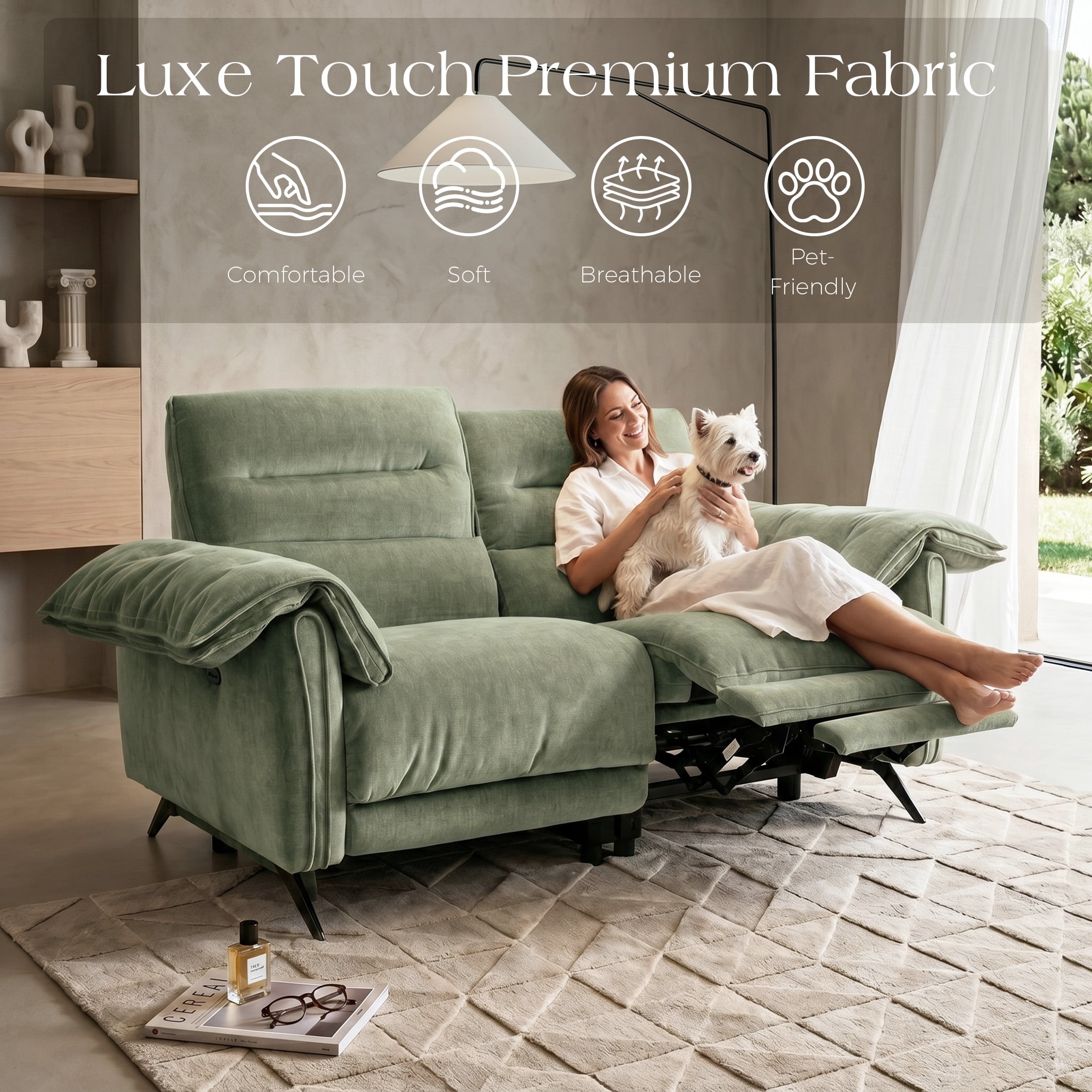 Aenkyo 66" Oversized Power Reclining Loveseat with USB Ports and Footrest, Green
