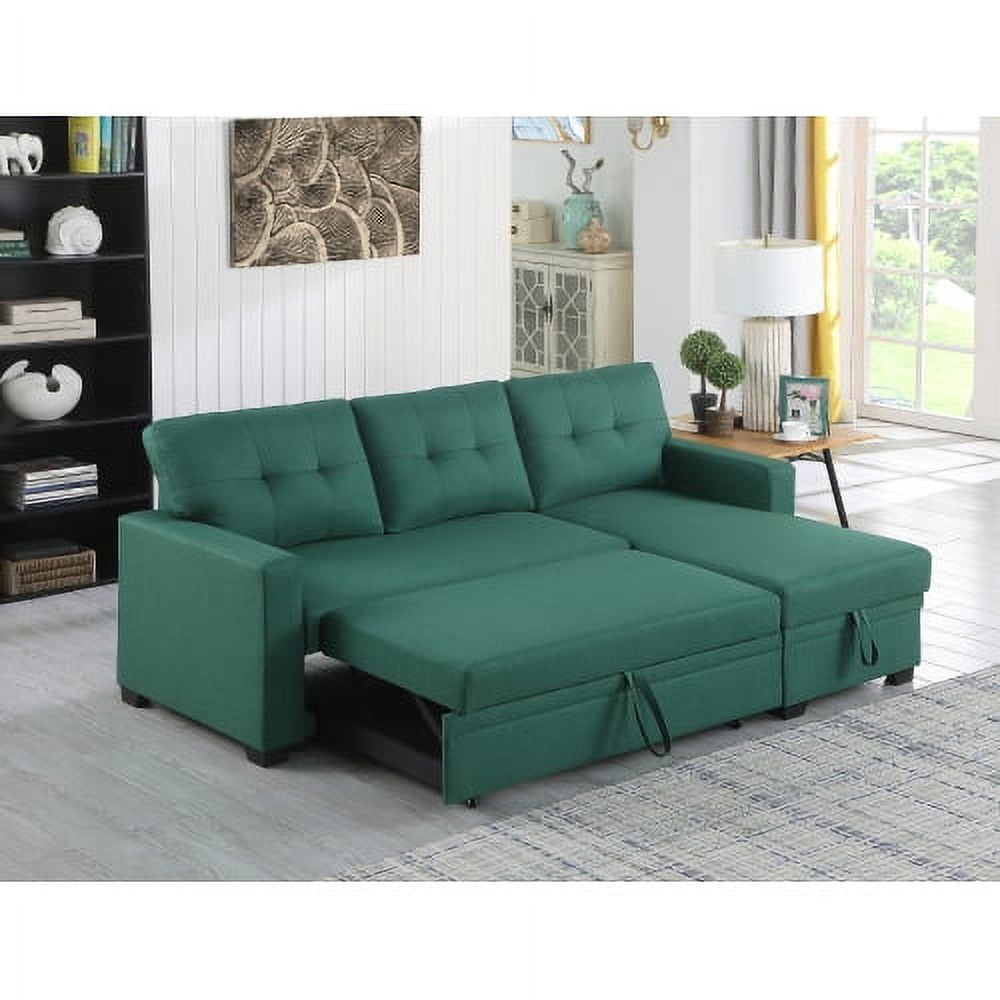 BSHTI Green Linen Sectional Pull Out Sleeper Sofa Bed with Storage Chaise for Living Room, L-Shaped Couch with Ottoman, 3-Seat Sleeper Sofa Modern Style Wood Frame Sofa Couch