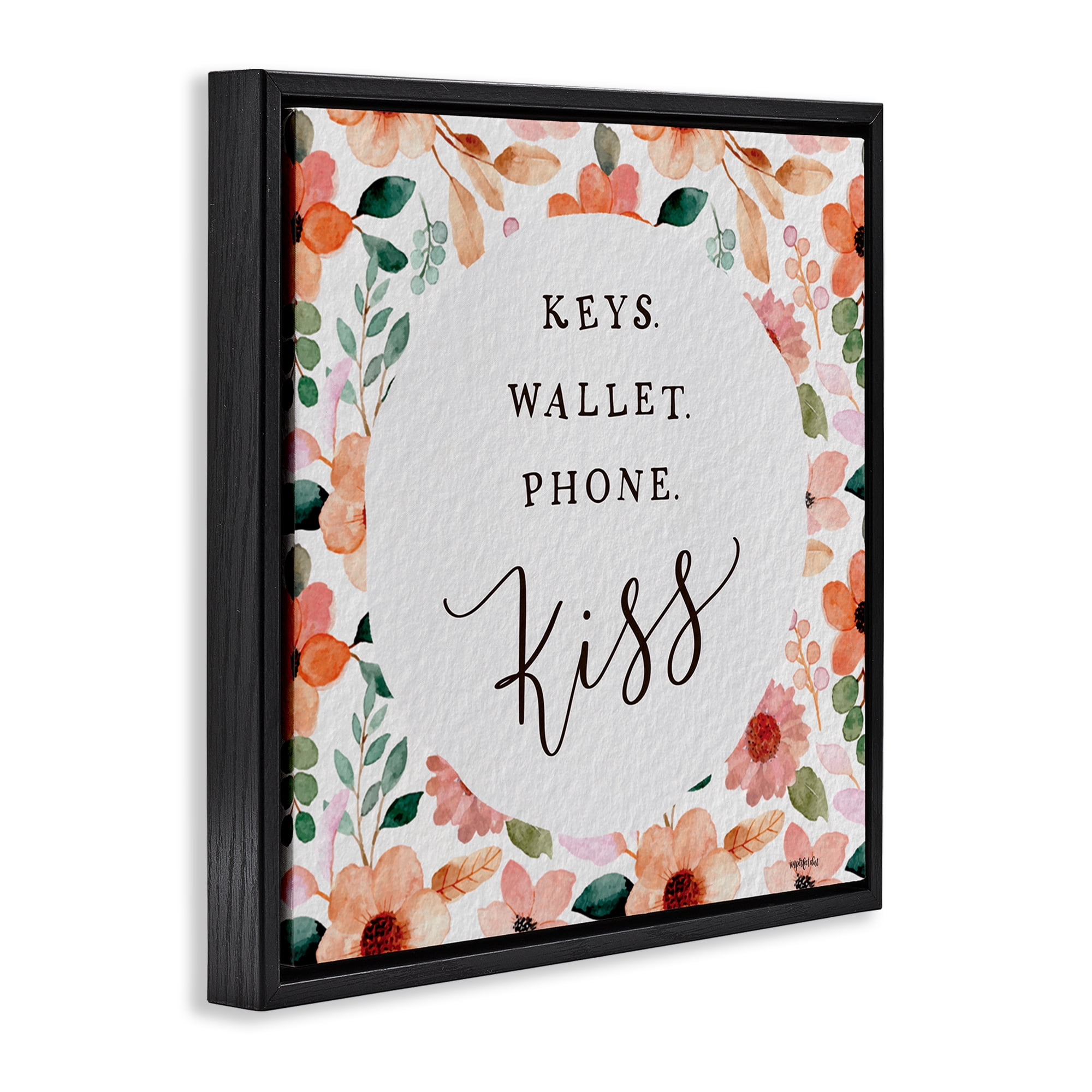 Stupell Industries Keys Wallet Phone Kiss Plants & Flowers Painting Black Floater Framed Canvas Art Print Wall Art, 18 x 18