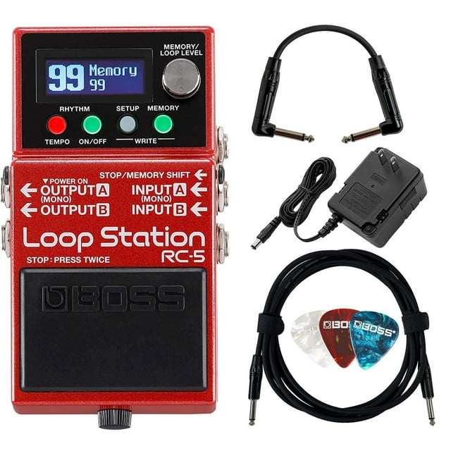 Pedal Loop Station BOSS RC-5 Rojo con Adaptador y Cable Instrumento 10 Pies - Paquete Completo