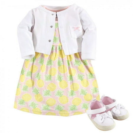 UPC: 0660168559309 | Hudson Baby Infant Girl Cotton Dress  Cardigan and Shoe 3pc Set  Pineapple  3-6 Months